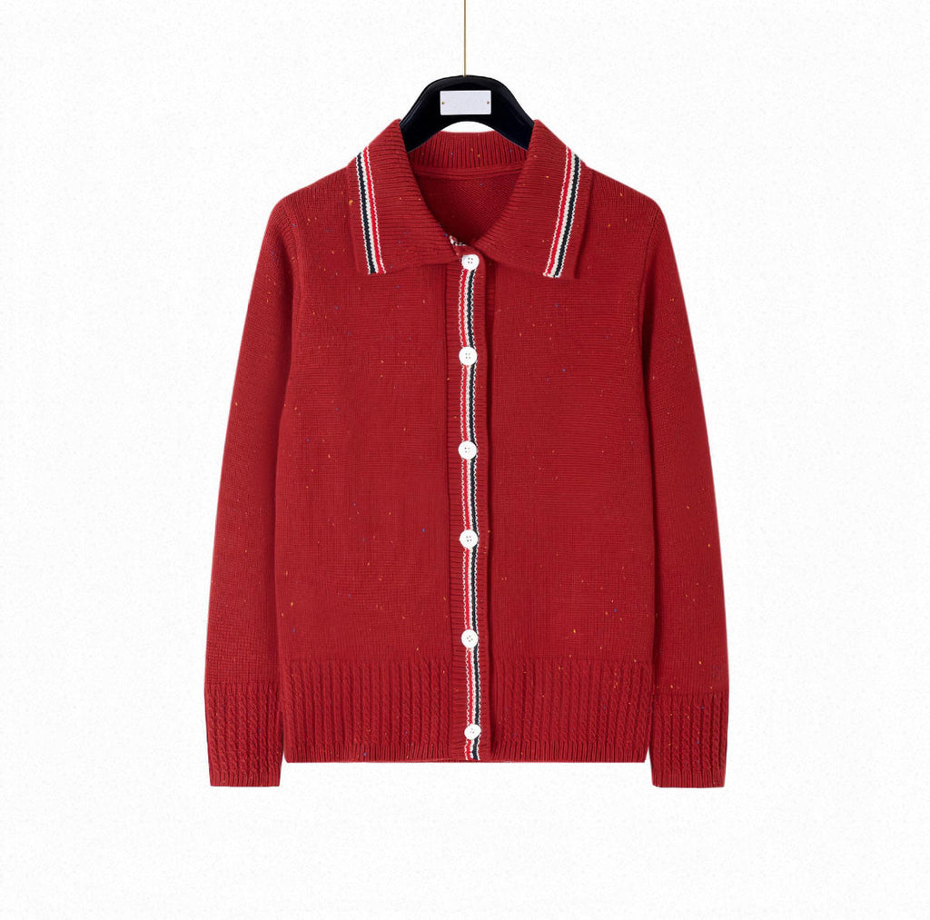 Thom Browne Style Dog Motif Polo-Collar Wool Cardigan