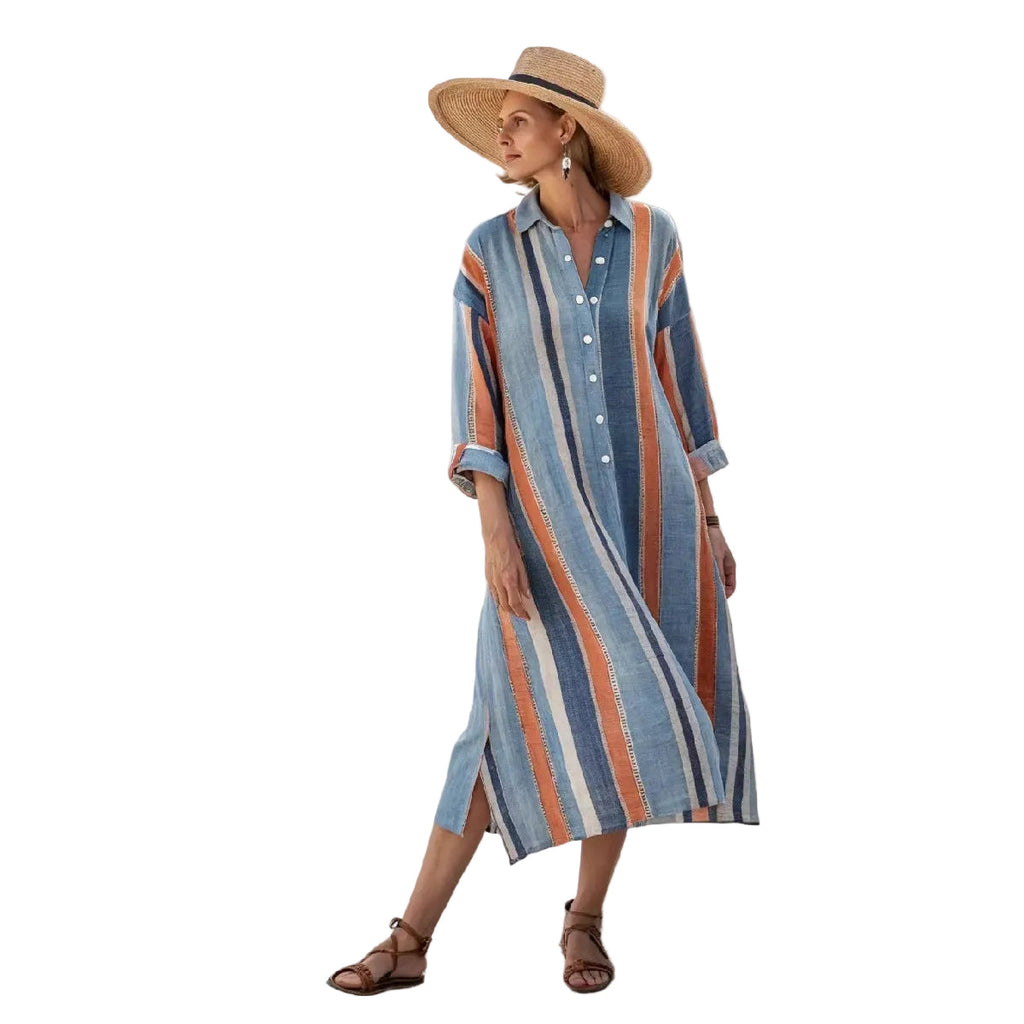 Women's Boho Vertical-Striped Button-Front Slit Maxi Beach Dress