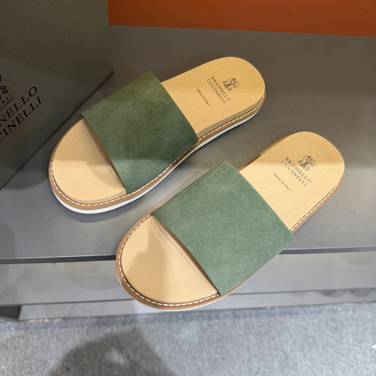Brunello Cucinelli Men's Sage Green Slide Sandals