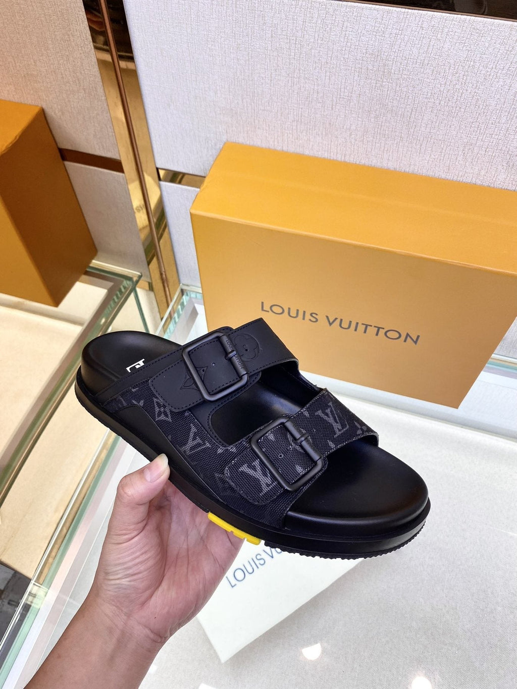 Louis Vuitton Monogram Buckle Slide Sandals - Fine-Textured Rubber Outsole