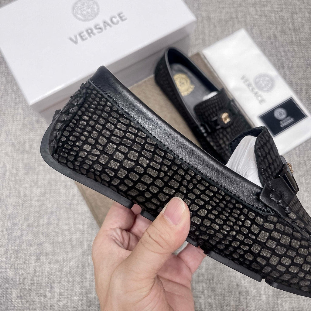 Versace Black Textured Driving Loafers