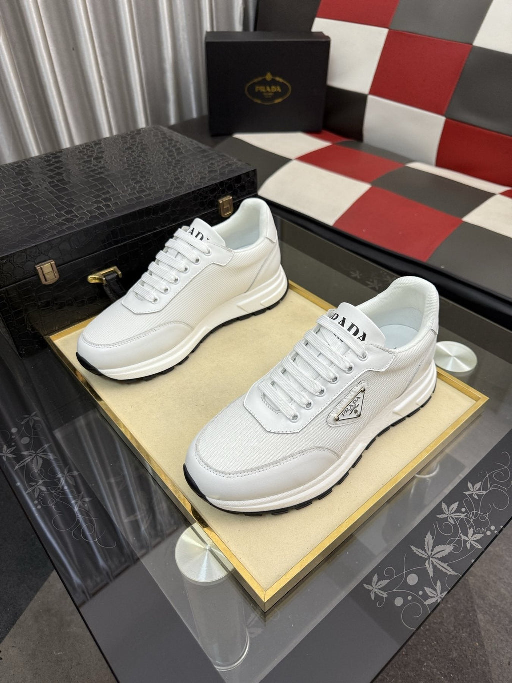 Prada Men's White Textured Low-Top Sneakers