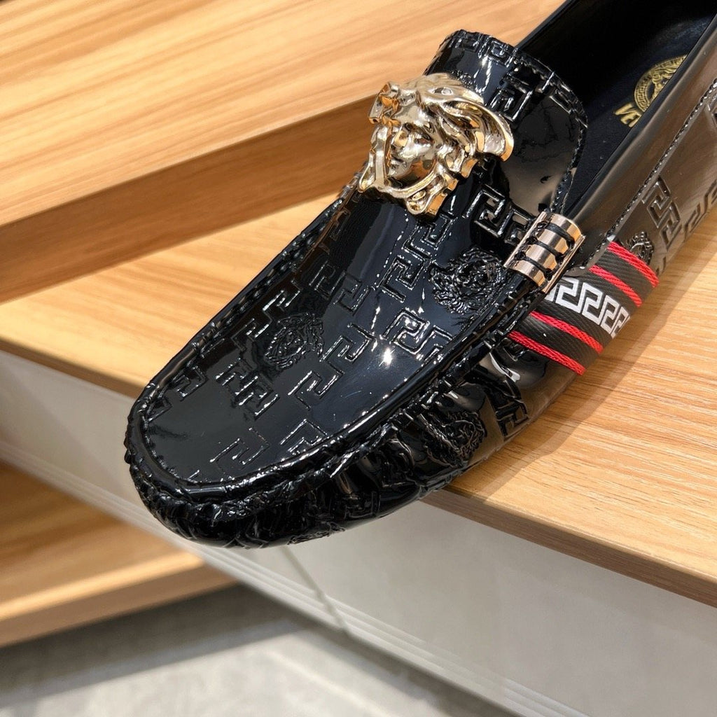 Versace Black Patterned Loafers with Gold-Tone Ornament