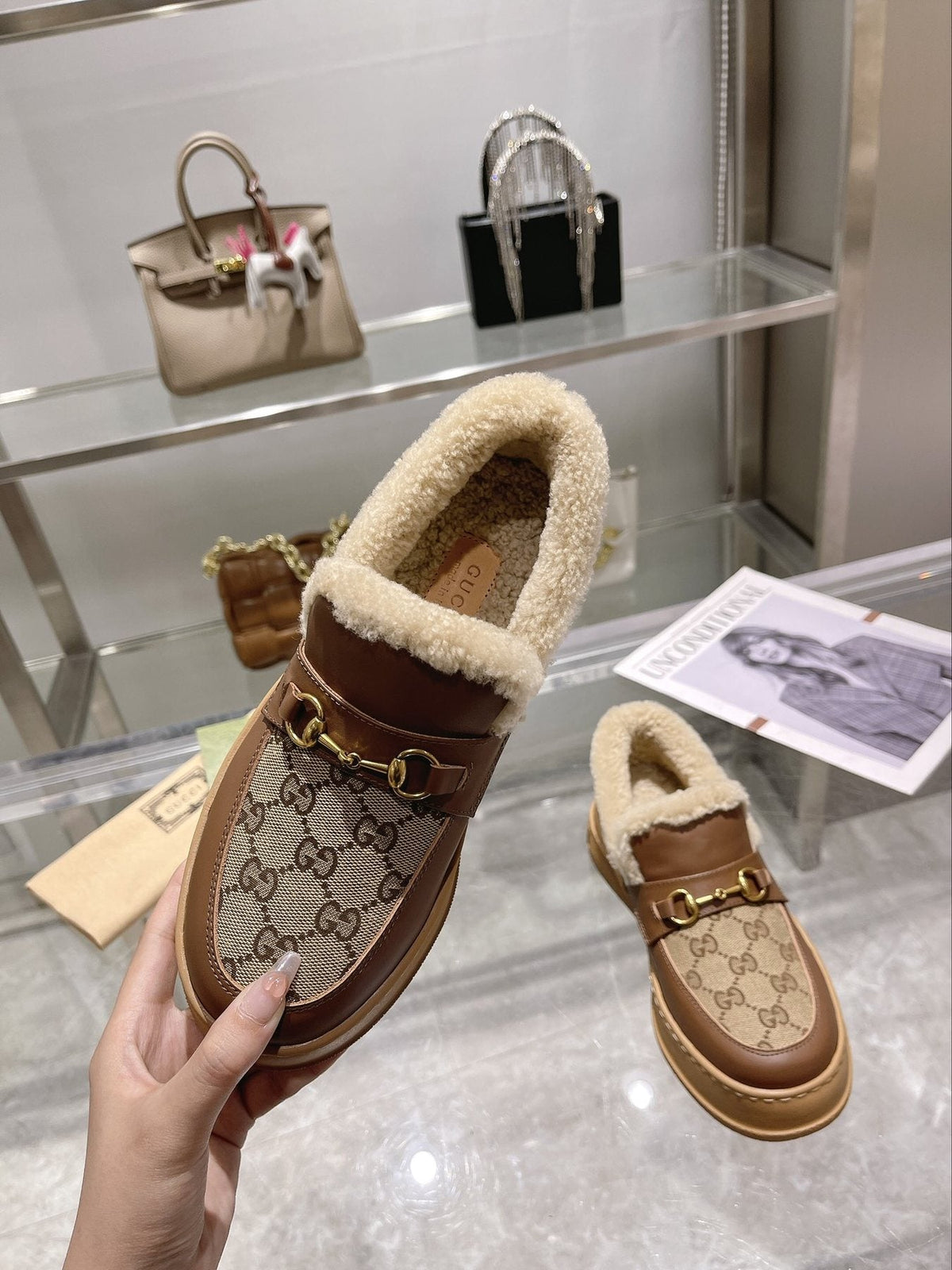 Gucci Patterned Plush-Trim Slip-On Snow Boots